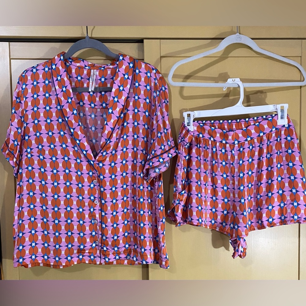 Anthropologie Pink and Blue Geometric Pajama Set